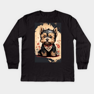 Super Cute Yorkshire Terrier Puppy Portrait Japanese style Kids Long Sleeve T-Shirt